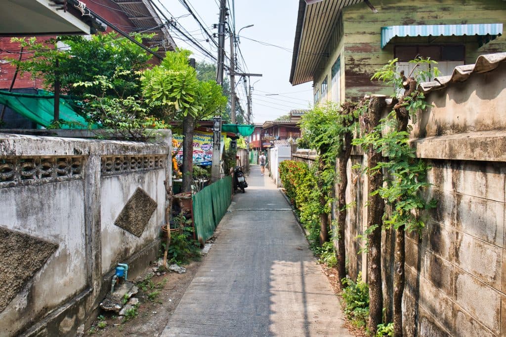 a street on koh kret in bangkok. Small houses with rubbles and green vines and trees.